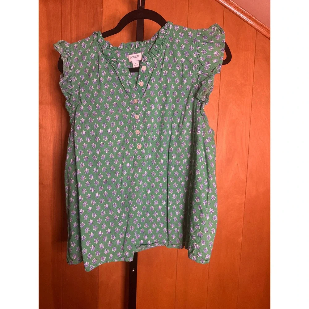 J.Crew Green Floral Block Print Ruffle Flutter Sleeve Cotton Blouse Top Large